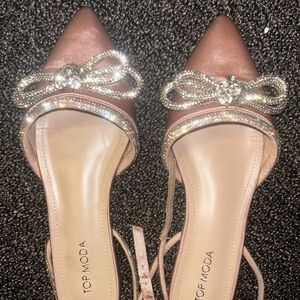 caramel / cream satin silk bedazzled bow flats / shoes